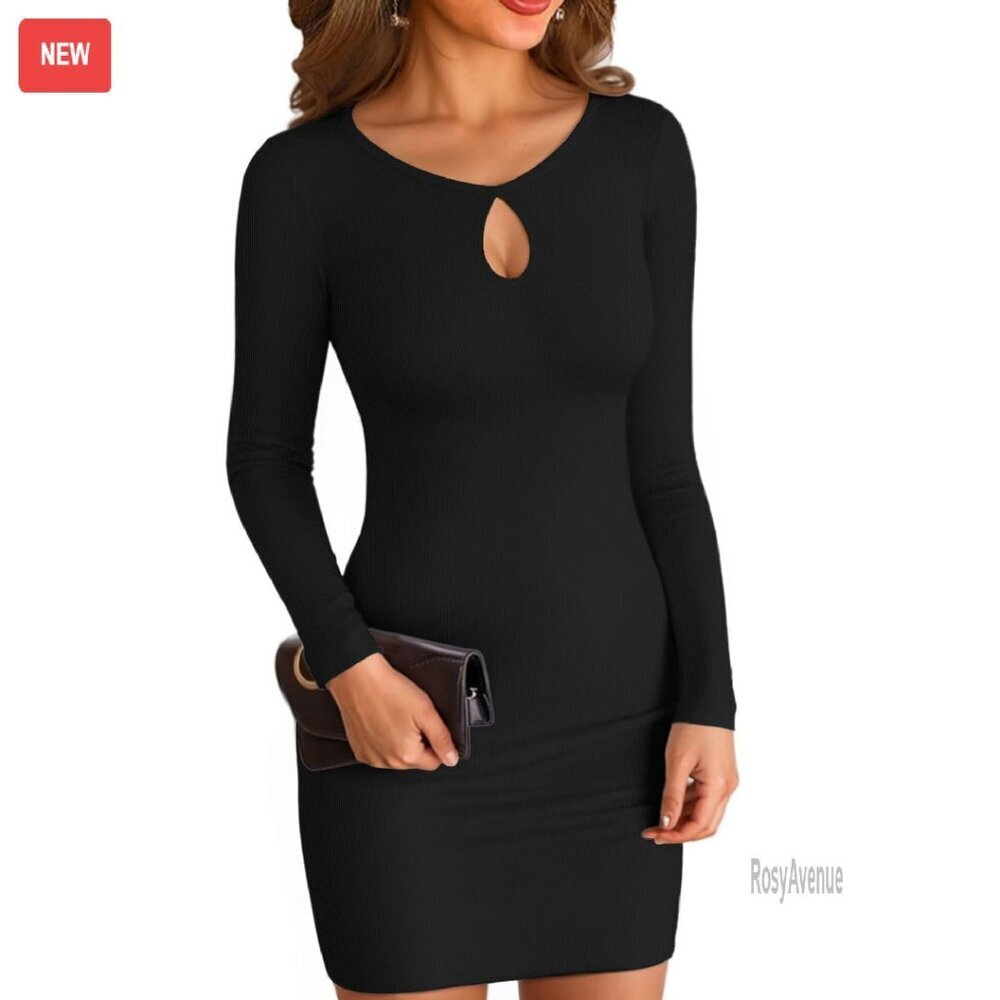 Long Sleeve Ribbed Bodycon Dress Slim Fit Mid Thigh Pencil Dress